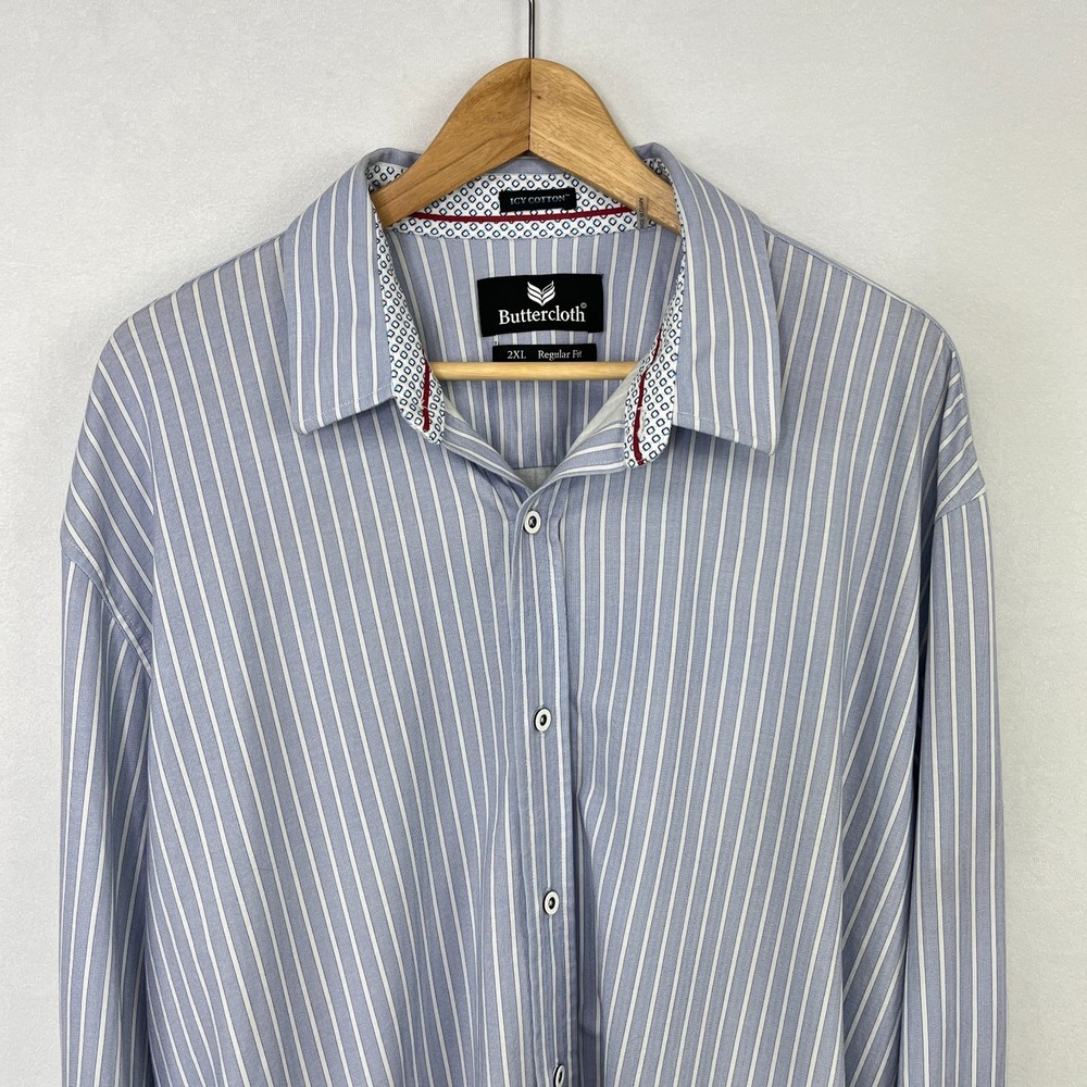 Buttercloth Dress Shirt Mens 2XL Blue Stripe Icy Cotton Regular Fit Stretch - Picture 3 of 13